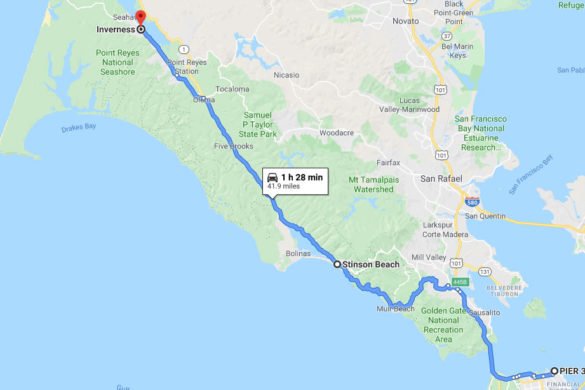 Map of car journey from San Francisco to Point Reyes, California