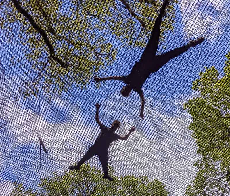 Black Park Nets, Buckinghamshire, UK Looking up at silhouettes of boys at Black Park Nets, Buckinghamshire, UK